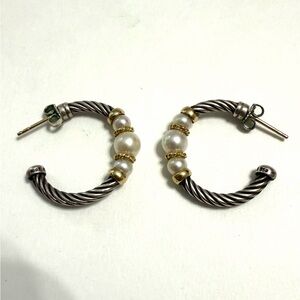 David Yurman Sterling Silver 18k Pearl Cable Hoop Earrings